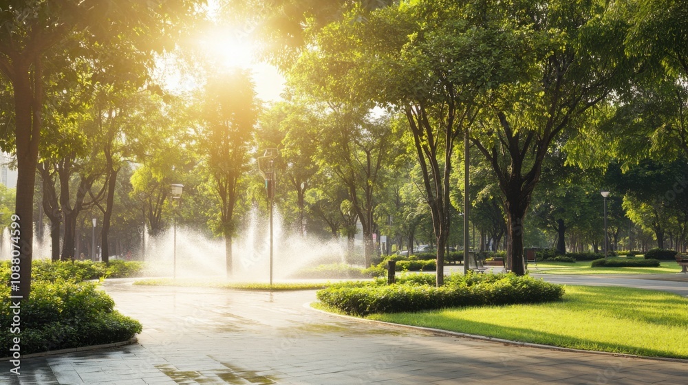 Aufkleber a cutting-edge ai-powered smart irrigation system for urban parks, clean park environment with autom