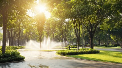 Obraz premium A cutting-edge AI-powered smart irrigation system for urban parks, clean park environment with automated watering technology and environmental sensors, Urban style