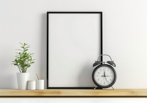 A blank black picture frame on a wooden shelf with a stack of books, a small potted plant, and an alarm clock