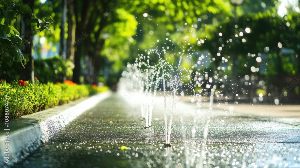 Poster a cutting-edge ai-powered smart irrigation system for urban parks, clean park environment with autom