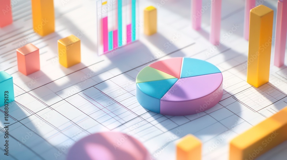 Poster vibrant 3d graphs and pie charts in colorful pastels showcase dynamic data visualization, casting pl