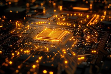 Obraz premium Close-up of glowing circuit board. A perfect illustration for concepts related to technology, innovation, and the digital age.