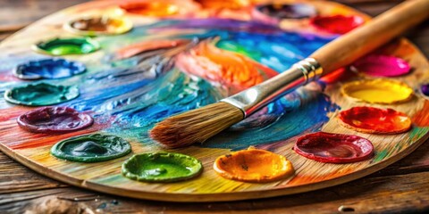 Obraz premium Colorful oil paints on a palette with a paintbrush, artistic, painting, artist, tools, creativity, vibrant