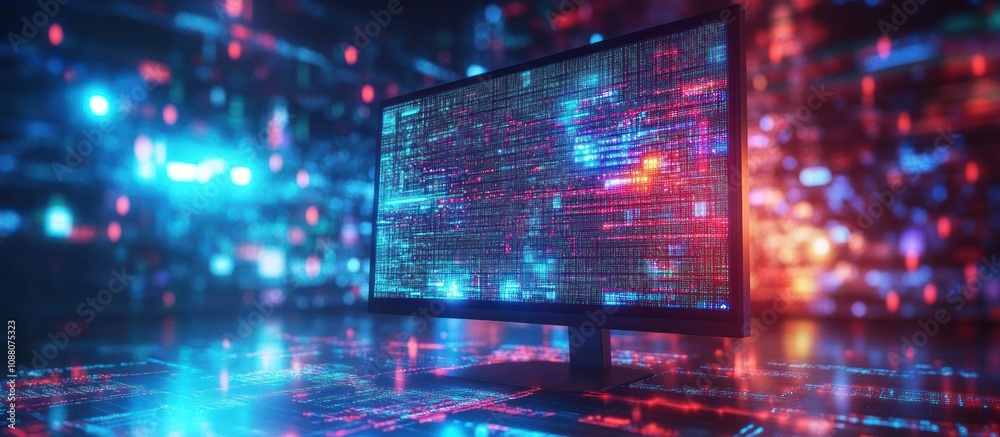Wall mural a computer monitor with a screen displaying digital code in blue and red hues, with a blurred backgr
