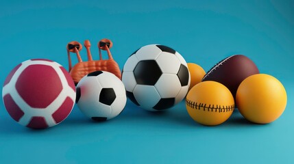 A collection of different sports balls on a blue background, including soccer, rugby, baseball, and basketball.