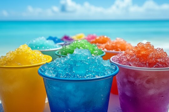 A vibrant collection of colorful cups filled with shaved ice syrup on a sunny beachside table against an ocean backdrop