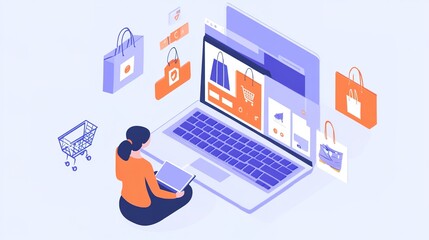 A person browsing an online store on a laptop, surrounded by product images popping out of the screen, with a shopping cart icon and digital payment options