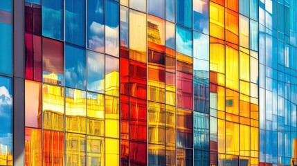 Colorful glass facade of a modern building reflecting the sky and other buildings.