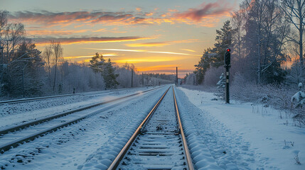 Fototapeta premium Beautiful a scenic snowy winter railroad view at sunset