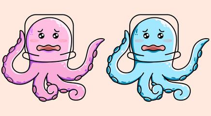 Cute colorful icon of an octopus with a glass cover on its head, colored octopus doodles