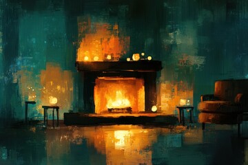 A cozy living room with a fireplace and candles.