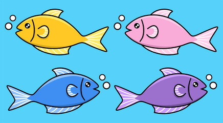 Collection of cute colored fish icons, colored fish doodles, cartoon fish