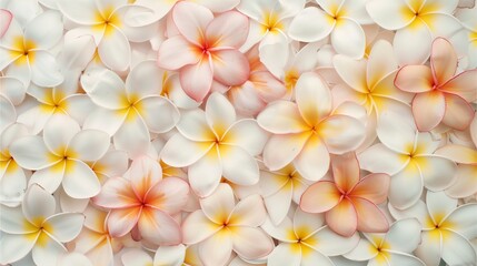 Fototapeta premium Tropical Floral Border: A delicate arrangement of fragrant plumeria blossoms and lush green leaves forms a graceful border, exuding a sense of tranquility and exotic beauty. 