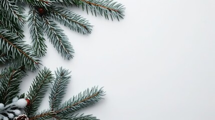 Obraz premium Snow-dusted pine branches on a white background.