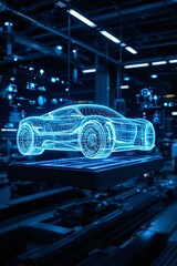 Obraz premium Futuristic 3D Holographic Car Model in High-Tech Workshop Environment