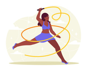 Woman with gymnastics. Young girl dancing with yellow ribbon. Active lifestyle and sports, dance. Competition and tournament. Flat vector illustration