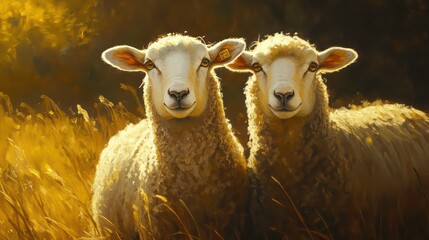 Fototapeta premium Two sheep standing closely together in a sunlit meadow, capturing a warm and serene rural moment.