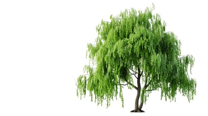 Fototapeta premium Weeping Willow Tree: A graceful Weeping Willow tree with lush green foliage, isolated on white background. Its cascading branches evoke a sense of tranquility and beauty. 