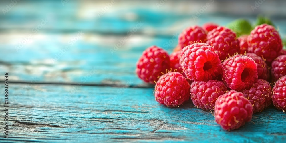 Poster A cluster of raspberries on a vibrant wooden table background. Close-up composition with copy space for text.