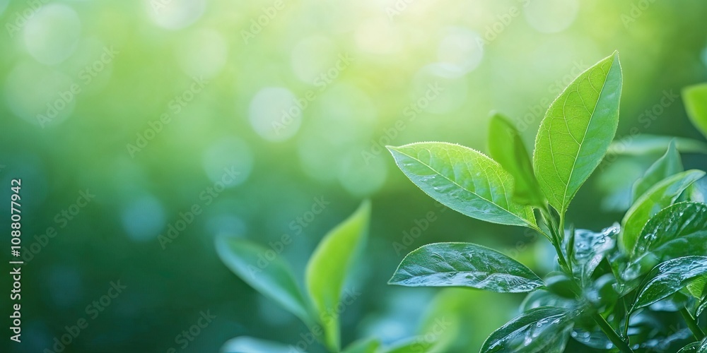 Poster close-up view of a green leaf with a blurred greenery background in a garden, featuring copyspace fo