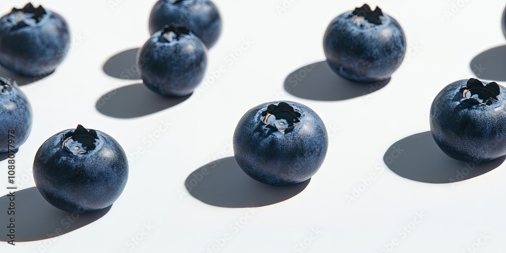 Poster close-up of isolated blueberries on a white background casting a soft shadow. ripe, delicious bluebe