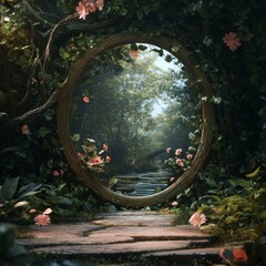 Magical Forest Portal Fantasy Landscape with Flowers and Bridge
