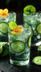 Fototapeta premium Refreshing cucumber drink with flower. Perfect for a summer beverage or healthy lifestyle blog post.