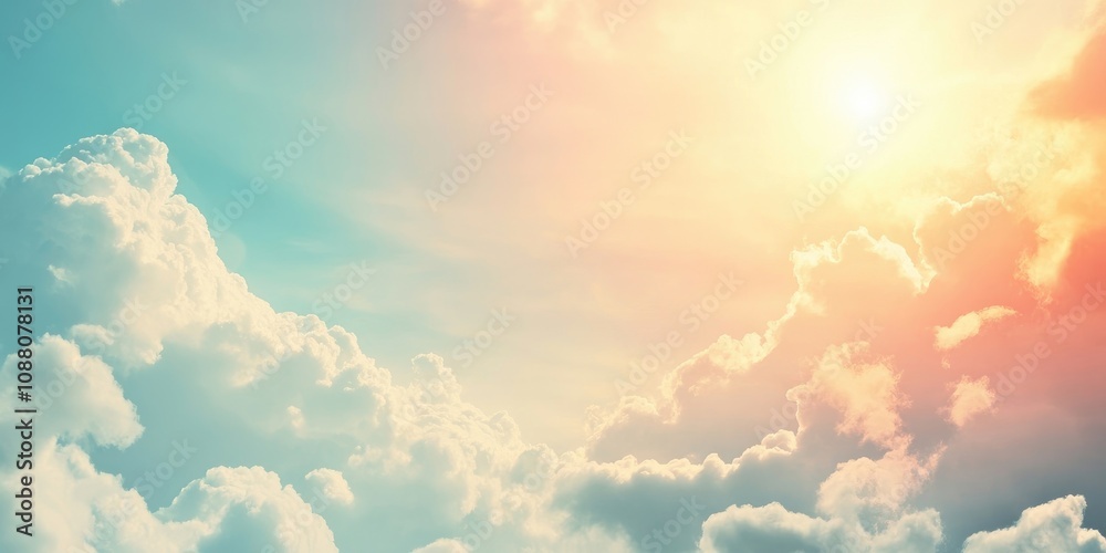 Poster fluffy clouds under the sun in the sky, softly blurred. a serene clouds backdrop on a summer day. re