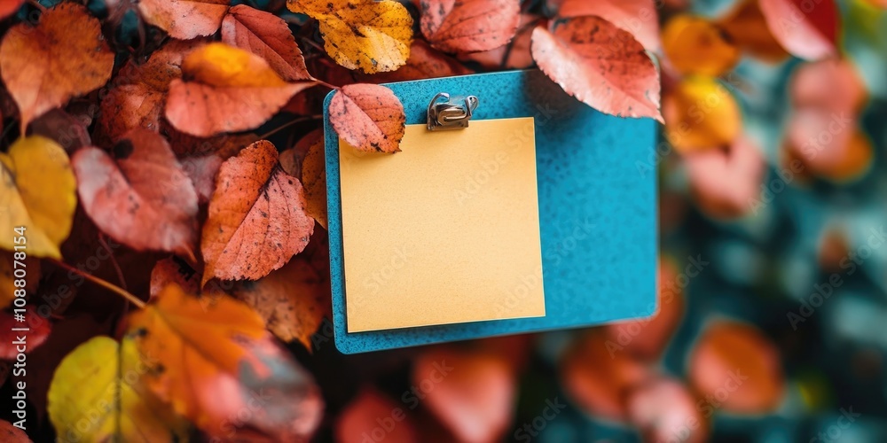 Aufkleber empty note on a bulletin board. autumn backdrop with leaves.