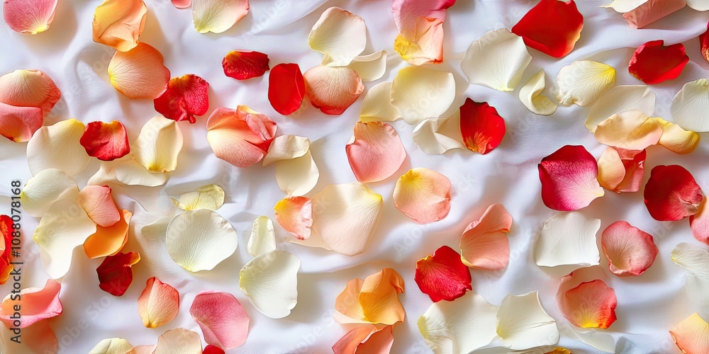 Poster Beautiful romantic rose petals scattered on a white sheet create a simple yet striking and colorful backdrop for adding copy.