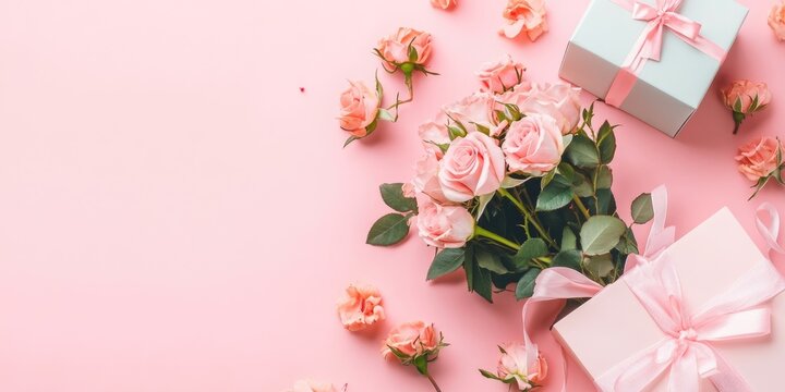 Gift bag featuring a bouquet of pink roses and a gift box on a pastel pink background, with space for text. Flat lay, top view, suitable for birthdays, Mother's Day, or St. Valentine's.