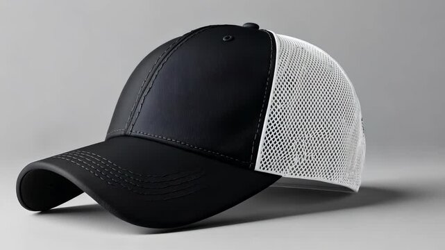 A black and white hat with a mesh design. The hat is sitting on a gray surface. The hat is a hat that is designed to be worn outdoors