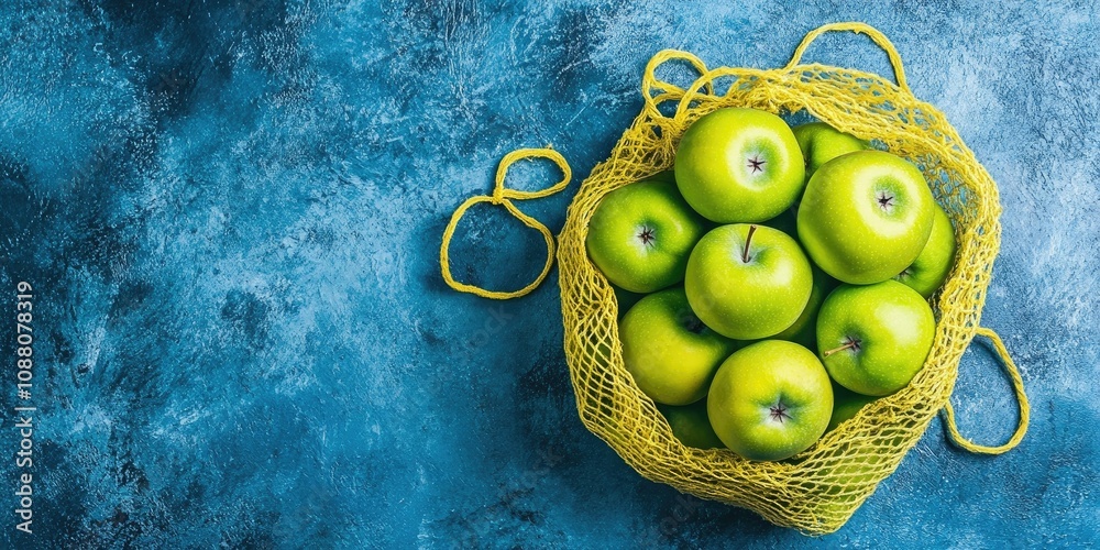 Poster a yellow string bag filled with green apples rests on blue concrete. the image includes copy space a