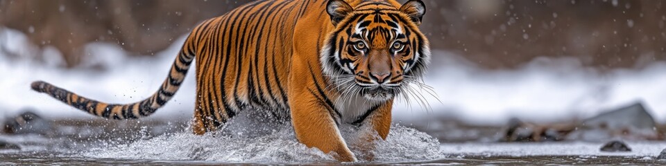 Naklejka premium A Bengal tiger splashing through a shallow stream in a snowy landscape, showcasing its power and adaptability in the wilderness