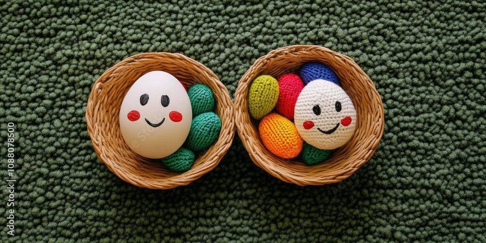 Poster Two chicken eggs with painted faces rest on a carpet resembling green grass. In between them sits a wicker dish filled with multicolored knitted eggs.