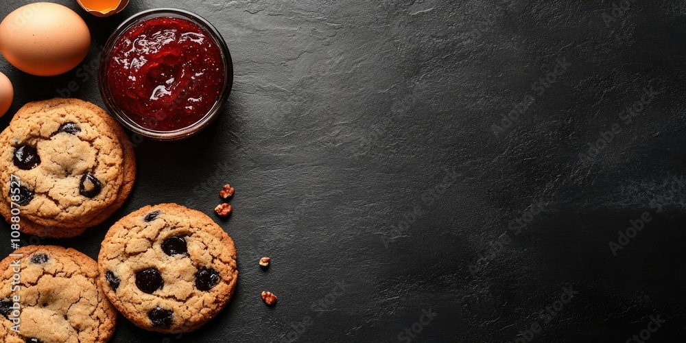 Aufkleber ingredients for homemade cookies. fresh cookies next to jam and eggs on a black background top view 