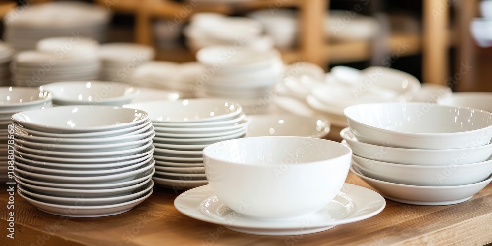 Poster empty bowls and plates on the table, dishware and table items.
