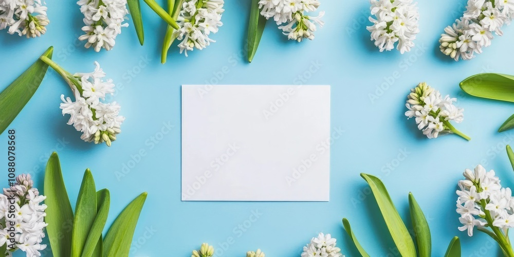 Poster flat lay arrangement featuring spring hyacinth flowers and a blank card on a colored background, wit