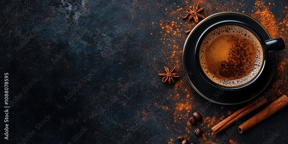 Poster black coffee with cinnamon on a dark background. copy space for your text