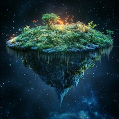 Fototapeta premium Surreal Floating Island Glowing Plants Night Sky Fantasy Landscape