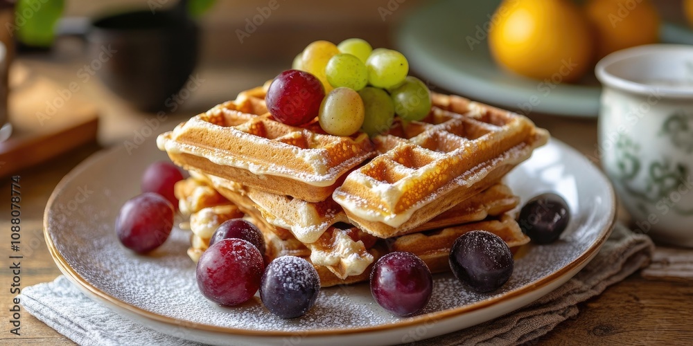 Poster breakfast image featuring homemade waffles and grapes.