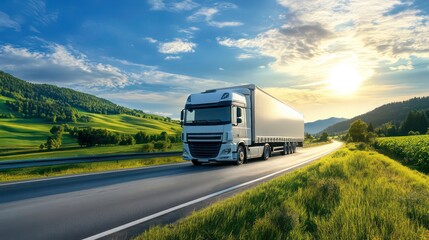 Truck on an open road through vibrant green fields, symbolizing logistics and freedom of travel