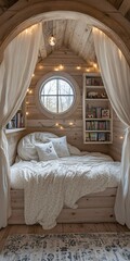 Cozy reading nook in a kids room with charming decor and soft lighting for a perfect escape