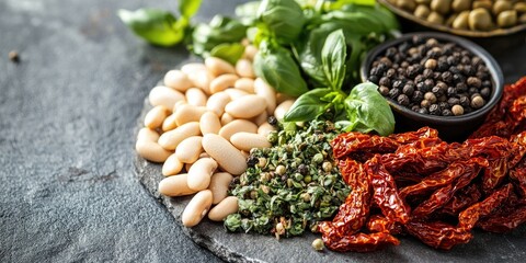 Naklejka premium Collection of raw ingredients for Italian cuisine on a stone table backdrop. Black pepper, sun-dried tomatoes, green dried herbs, and beans. Assortment of healthy food items. Closeup.