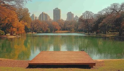 A wooden platform on a lake. It is ideal for showcasing a peaceful and tranquil environment, perfect for advertising products or services related to relaxation and nature.