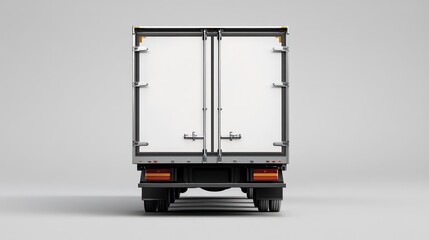 A rear view of a white box truck with the back doors closed, on a white background.