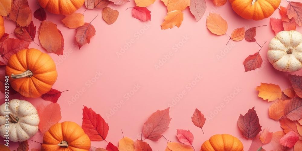 Aufkleber Flat lay featuring pumpkins and leaves on a colored paper background with copy space. Template for fall harvest, Thanksgiving, and Halloween invitation cards. Top view autumn arrangement.