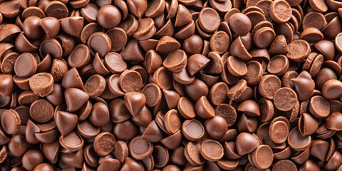 Obraz premium Milk chocolate chips scattered in a top view, chocolate, chips, milk, sweet, confectionery, dessert, treat, baking