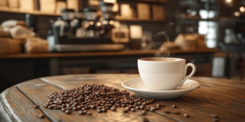Coffee cup and coffee beans on a wooden table in a cafe.