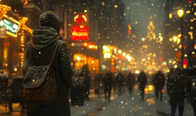 Obraz premium Cozy winter walk with a full-figured woman amidst festive city lights and snowfall